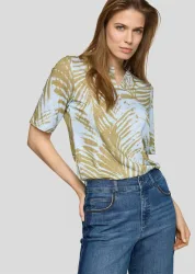 Shirt mit Blätterprint aus Flammengarn - hellblau / khaki - Gr. 40 von Goldner Fashion