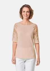 Pullover mit Spitzeneinsätzen und Glanzsteinchen - pfirsich - Gr. 20 von Goldner Fashion