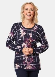 Weicher Druckpullover in Feinstrick - marine / flieder / gemustert - Gr. 20 von Goldner Fashion