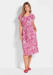 Leinenkleid mit Alloverdruck & Bindegürtel - pink / gemustert - Gr. 22 von Goldner Fashion