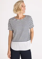 Ringelshirt mit angeschnittenem Saum - cremeweiss / dunkelblau - Gr. 44 von Goldner Fashion