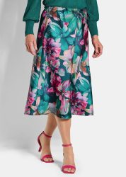 Satinrock mit Blumenmuster - smaragd / gemustert - Gr. 50 von Goldner Fashion