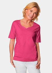 T-Shirt mit charmantem Ausschnitt und Schmucksteinchen - pink - Gr. 19 von Goldner Fashion