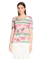 Rippenshirt mit Blüten und Streifen - cremeweiss / rosé - Gr. 40 von Goldner Fashion