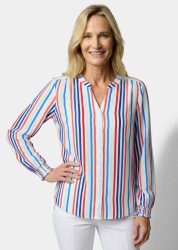Streifenbluse mit Smokbündchen - blau / koralle / weiss / gestreift - Gr. 21 von Goldner Fashion