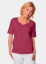T-Shirt mit charmantem Ausschnitt und Schmucksteinchen - bordeaux - Gr. 22 von Goldner Fashion