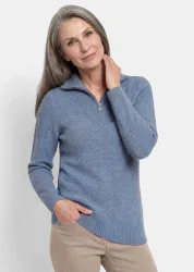 Strickpullover mit Troyer-Kragen - rauchblau / méliert - Gr. 38 von Goldner Fashion