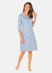 Nachthemd aus reiner Baumwolle mit 3/4-Arm - rauchblau / weiss / geblümt - Gr. 18/19 von Goldner Fashion