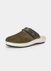 Pantoletten aus Veloursleder mit Klettverschluss - khaki - Gr. 36 von Goldner Fashion