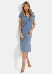 Nachthemd mit gerafftem Ausschnitt - blau - Gr. 42 von Goldner Fashion