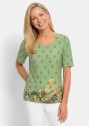 Viskoseshirt mit Blüten- und Blätter-Print - hellgrün / honig / gemustert - Gr. 19 von Goldner Fashion