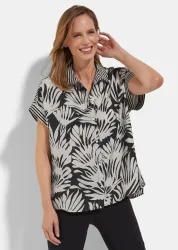 Kurzärmelige Bluse im Mustermix - schwarz / beige / gemustert - Gr. 42 von Goldner Fashion