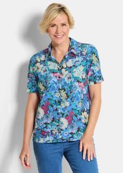 Bügelarme Hemdbluse mit Blumenmuster - blau / gemustert - Gr. 22 von Goldner Fashion