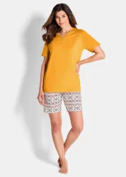 Shorty-Set aus Baumwolle - gelb / gemustert - Gr. 40/42 von Goldner Fashion