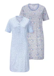 Nachthemden im 2er-Pack aus reiner Baumwolle - blau / weiss / gemustert - Gr. 19 von Goldner Fashion