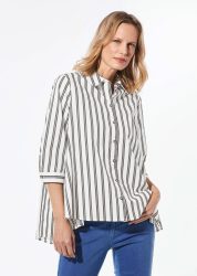 Schlichte Baumwoll-Bluse mit 3/4-Arm - weiss / taupe / gestreift - Gr. 21 von Goldner Fashion