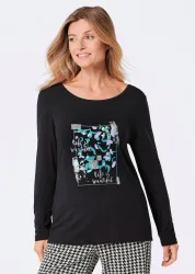 Langarmshirt mit Glitzer-Druck - schwarz / gemustert - Gr. 21 von Goldner Fashion