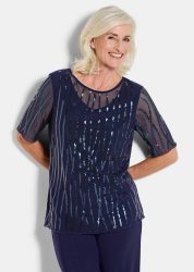 Mit funkelnden Pailletten besetztes Mesh-Shirt - marine / bestickt - Gr. 20 von Goldner Fashion