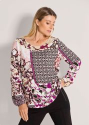 Bluse mit Blumenprint und Bordüre - rosé / gemustert - Gr. 38 von Goldner Fashion