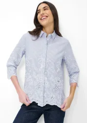 Baumwollbluse mit Streifen und Blütenstickerei - blau / weiss / gestreift - Gr. 38 von Goldner Fashion