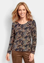 Jersey-Shirt mit Paisley-Print und Hahnentritt - marine / camel / gemustert - Gr. 22 von Goldner Fashion