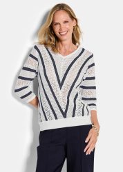 Feinstrickpullover mit maritimen Streifen - weiss / marine / gemustert - Gr. 19 von Goldner Fashion