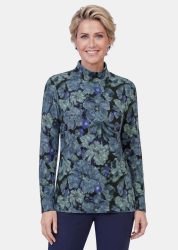 Langarmshirt mit Stehkragen und Blumenmuster - blau / gemustert - Gr. 22 von Goldner Fashion