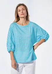 Shirt aus Effektgarn - türkis / weiss / geringelt - Gr. 38 von Goldner Fashion