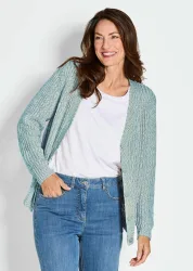 Strickjacke aus Multicolor-Bändchengarn - grün / weiss / gemustert - Gr. 19 von Goldner Fashion