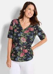 Florales Jersey-Shirt mit Raffungen - marine / gemustert - Gr. 20 von Goldner Fashion