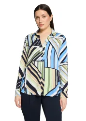 Tunika mit Hemdkragen und V-Ausschnitt - blau / grün - Gr. 42 von Goldner Fashion