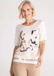 Jersey-Shirt mit paspeliertem U-Boot-Ausschnitt - cremeweiss / beige / pfirsich - Gr. 42 von Goldner Fashion