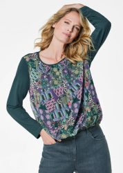 Blusenshirt mit Chiffon-Einsatz - dunkelgrün / gemustert - Gr. 20 von Goldner Fashion