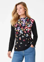 Druckshirt mit anschmiegsamem Stehkragen - schwarz / dunkelrot / geblümt - Gr. 22 von Goldner Fashion