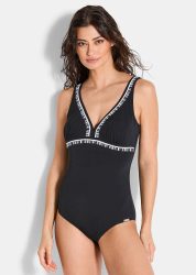 Badeanzug mit femininen Paspeln - schwarz / weiss - Gr. 46 B von Goldner Fashion