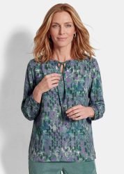 Viskose-Bluse mit Rundhals und Bindeband - graugrün / gemustert - Gr. 19 von Goldner Fashion