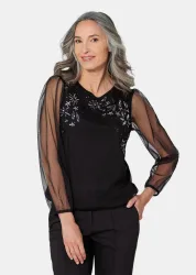 Langarmshirt mit transparenten Ärmeln - schwarz / silberfarben / gemustert - Gr. 20 von Goldner Fashion