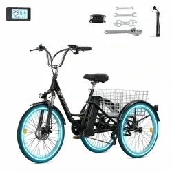Elektro Dreirad 24'' mit Heckkorb M300, 36V 22,5Ah, 7 Gänge Schaltung, 50-80km Reichweite, 25 km/h, LCD Bildschirm, Daumengas, Mechanische Bremse, 250W Elektro-Lastendreirad für Erwachsene