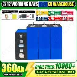 Brandneue 3,2V 360Ah Lifepo4-Batterie, 10000+ Zyklen, sichere wiederaufladbare Zelle mit 3 Zubehörartikeln als Geschenk, Klasse A, DIY 12V 24V 48V für Wohnmobile, Elektrofahrzeuge, Heimenergie,