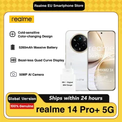 realme 14 Pro+ 5G Android-Smartphone, 8+ 256 GB, Sony IMX896 OIS-Kamera, Qualcomm Snapdragon 7s Gen 3 5G, IP69, 6,83' 120-Hz-Display, 5260-mAh-Akku, inklusive 80W-Ladegerät