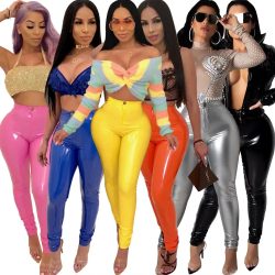 Herbst Frauen PU Leder Hosen Knopf Reißverschlüsse Faux PU Leder Capris Hohe Elastizität Hosen Kunstleder Lange Hosen Größe 2XL