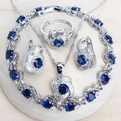 Blaue Zirkonia-Damen-Schmucksets aus 925er-Sterlingsilber, Hochzeit, Braut, Kostüm, Schmuck, Ohrringe, Ringe, Armbänder, Anhänger, Halskette