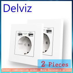 Delviz Dual-USB-Ladesteckdose, AC 110?250 V Stromanschluss, Panel aus weißem PC-Material, 2 A USB-Schnittstelle, 16 A EU-Standard-Wandsteckdose