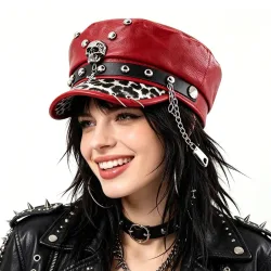 Damen Y2k Trendige Baskenmütze Mode PU-Leder Coole Punk Totenkopf-Spike-Kappe Flache Kapitänsmütze Militärkappen Damen-Accessoires