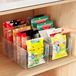 Transparente Küchen-Aufbewahrungsbox mit Abnehmbaren Trennwänden, Vorratsbehälter für Snacks und Gewürzbeutel, Schrank-Organizer