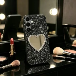 Luxuriöse Kunststein-Herz-Spiegel-Glitzer-Soft-Handyhülle für Samsung Galaxy A18 A17 A37 A57 A55 S23 S24 S25 S26 Ultra Plus FE