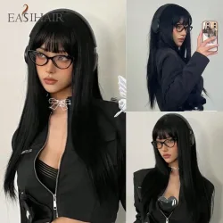 EASIHAIR Lange seidige gerade synthetische Perücken mit Pony, schwarze Cosplay-Party-Lolita-Haarperücken für Frauen, natürliche hitzebeständige Perücke
