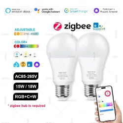 ZigBee E27 LED-Birne, intelligente LED-Lampe, RGBCW, 15 W, 18 W, LED-Glühbirne, funktioniert mit Ewelink Zigbee Gateway Alexa Smartthings Alice Z2MQTT