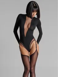 2026 Neuer tiefer V-Ausschnitt, transparenter Mesh-Einsatz, langärmliger schwarzer Jumpsuit, sexy, aufreizendes Outfit für Partys und Dates, Nischen-Trendmode im Instagram-Stil