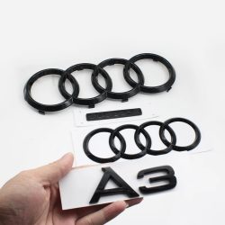 Audi A3 4-Ring Logo Glänzend Schwarz ABS Auto Motorhaube Frontgrill Abzeichen Heckklappe Quattro Emblem Aufkleber Dekor für A3 2010-2020